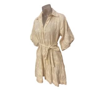 MICHELLE FARMER Donna Puff Sleeve Mini Dress Ivory Gold XS Metallic FEMININE